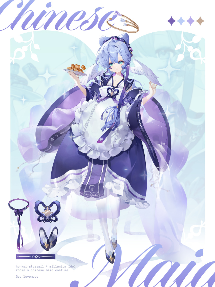 1girl absurdres aqua_eyes blue_hair blush braid braided_hair_rings cake chinese_knot closed_mouth dotori_(seulseul) dress english_text feathered_wings food gradient_background hair_between_eyes hair_ornament halo hand_up head_wings high_heels highres holding holding_plate honkai:_star_rail honkai_(series) long_hair long_sleeves looking_at_viewer maid plate purple_dress robin_(honkai:_star_rail) smile sparkle thigh-highs twitter_username white_thighhighs white_wings wide_sleeves wings