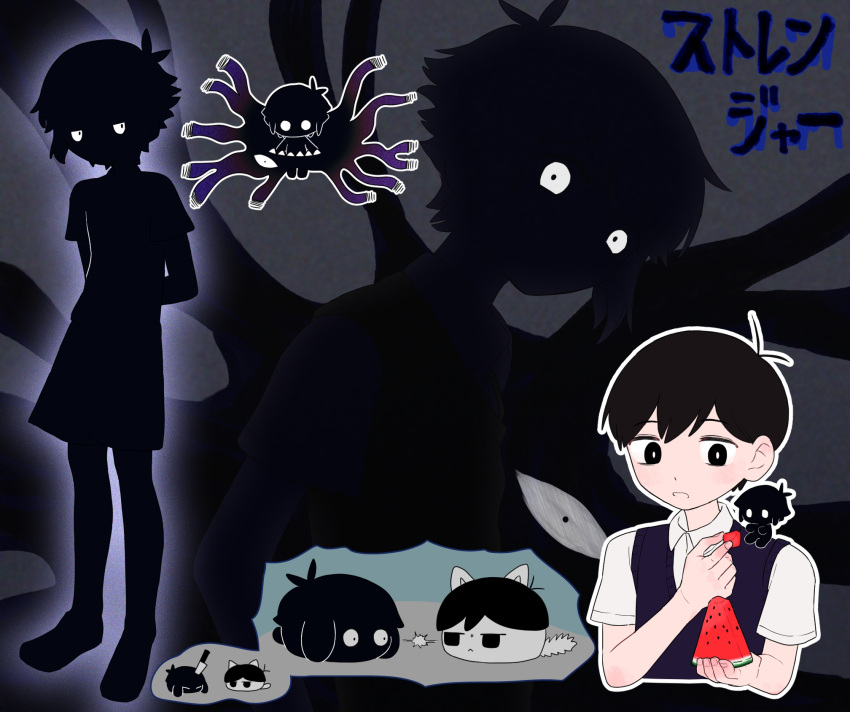 3boys black_eyes black_hair black_sweater_vest bright_pupils closed_mouth collared_shirt food fruit highres holding holding_food knife looking_at_another male_focus mini_person miniboy miranosub multiple_boys omori omori_(omori) open_mouth shirt short_hair short_sleeves something_(omori) stranger_(omori) sunny_(omori) sweater_vest watermelon watermelon_slice white_eyes white_pupils white_shirt