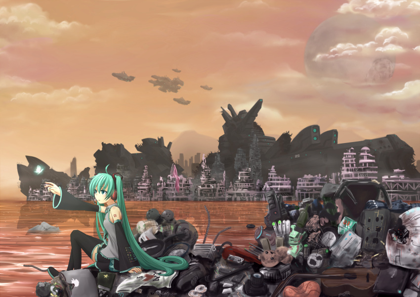 1girl aircraft blue_eyes boots bug butterfly camera cd collared_shirt detached_sleeves glowing_butterfly green_hair guitar hair_ornament hatsune_miku headphones headset highres i_heart... instrument junkyard long_hair long_sleeves nail_polish ocean outdoors outstretched_arm planet pleated_skirt post-apocalypse purdoy25 ruins shirt sitting skirt sleeveless sleeveless_shirt solo stuffed_animal stuffed_toy sunset teddy_bear thigh_boots trash twintails very_long_hair vocaloid