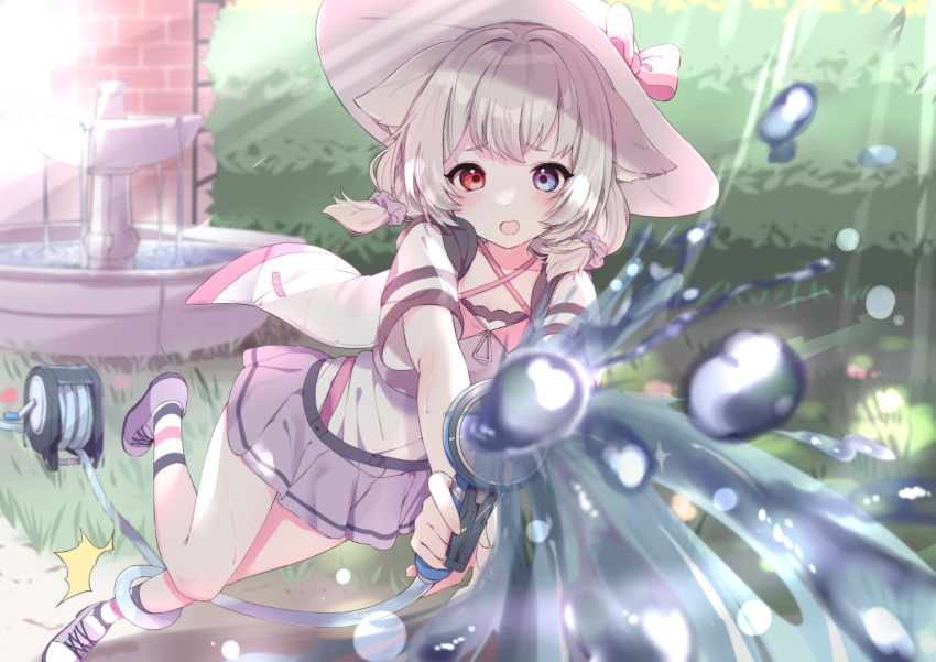 1girl animal_ears blue_eyes blush bow criss-cross_halter day grass grey_hair halterneck hat hat_bow heterochromia holding hose jacket leaning_forward light looking_at_viewer low_twintails miniskirt norada open_clothes open_jacket open_mouth original outdoors pink_bow pleated_skirt purple_skirt red_eyes scrunchie shirt shoes short_sleeves short_twintails skirt socks solo striped_clothes sun_hat sunlight twintails virtual_youtuber water white_hat white_jacket white_shirt