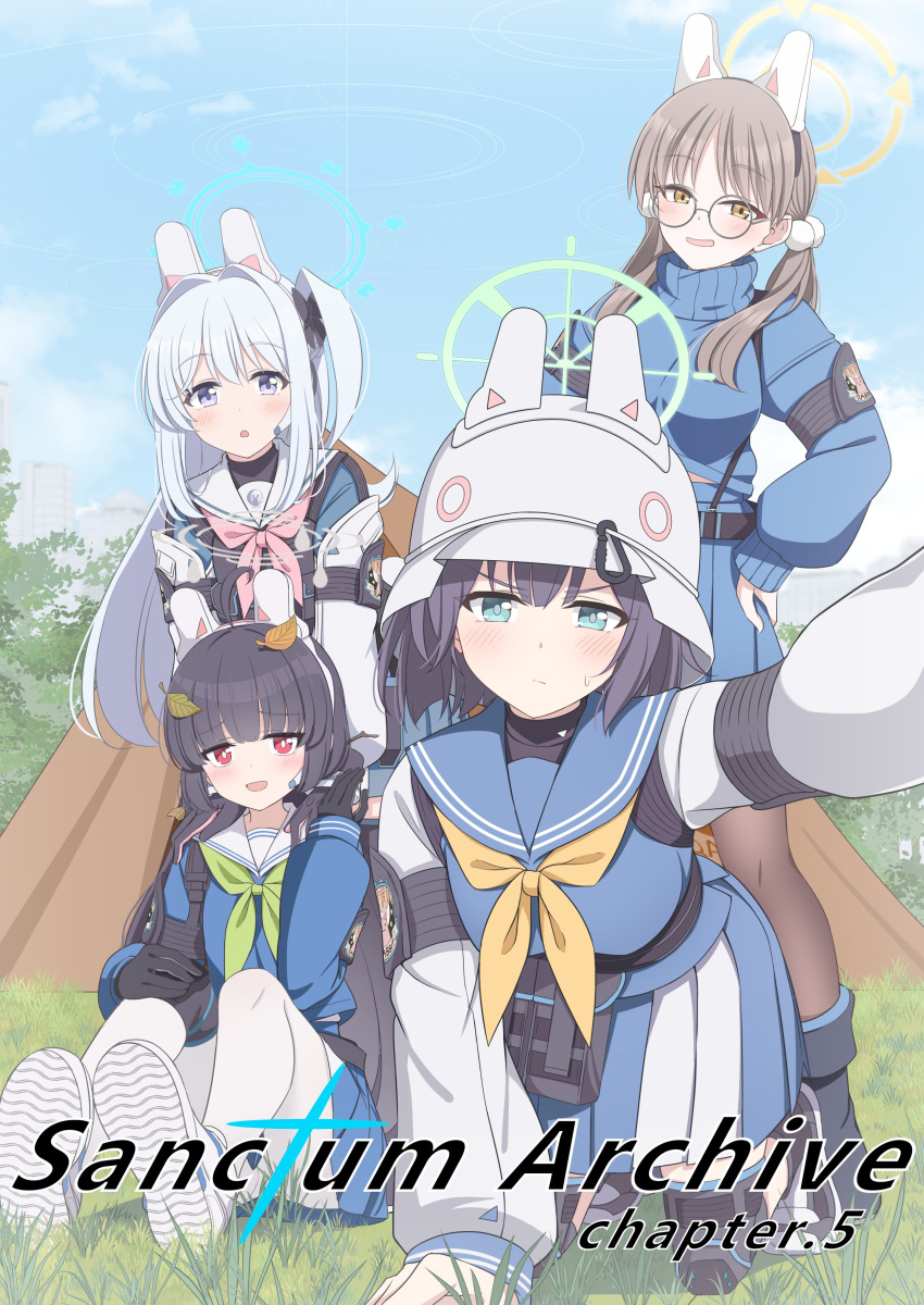 4girls absurdres animal_ears black_hair black_pantyhose blue_archive blue_halo blue_sailor_collar blue_serafuku blue_skirt blue_sweater blush brown_eyes brown_hair closed_mouth combat_helmet fake_animal_ears green_eyes green_halo green_neckerchief grey_halo halo hat helmet highres hoshino_ouka knee_pads long_hair long_sleeves looking_at_viewer miyako_(blue_archive) miyu_(blue_archive) moe_(blue_archive) multiple_girls neckerchief one_side_up open_mouth pantyhose pink_neckerchief pleated_skirt rabbit_ears rabbit_platoon_(blue_archive) red_eyes sailor_collar saki_(blue_archive) school_uniform second-party_source serafuku shoes skirt smile stahlhelm sweater twintails two-tone_skirt violet_eyes white_footwear white_hair white_hat white_pantyhose white_sailor_collar yellow_halo yellow_neckerchief