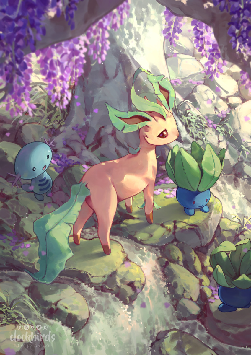 artist_name clockbirds commentary day english_commentary flower highres leafeon moss nature no_humans oddish outdoors photoshop_(medium) plant pokemon pokemon_(creature) purple_flower river rock scenery tree water waterfall watermark wisteria wooper