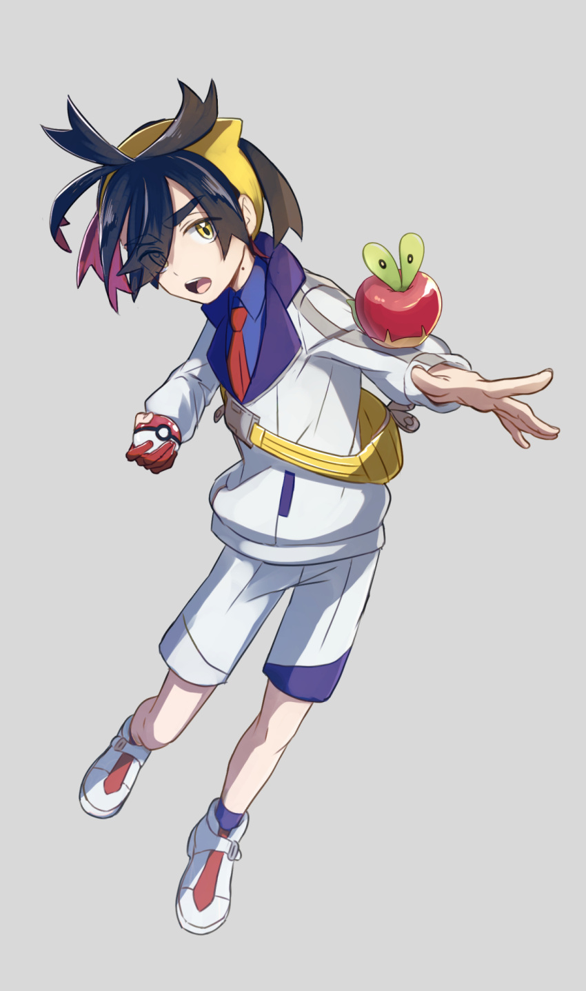 1boy applin black_hair blue_shirt collared_shirt commentary_request gloves grey_background hairband highres holding holding_poke_ball jacket kieran_(pokemon) long_sleeves male_focus necktie open_mouth partially_fingerless_gloves poke_ball poke_ball_(basic) pokemon pokemon_(creature) pokemon_on_arm pokemon_sv red_gloves red_necktie shigeru_(tezx2228) shirt shoes short_hair shorts simple_background single_glove socks teeth tongue upper_teeth_only white_footwear white_jacket white_shorts yellow_bag yellow_hairband