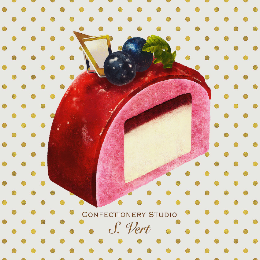 berry blueberry cake cake_slice food food_focus fruit highres nasie no_humans original polka_dot polka_dot_background red_velvet_cake