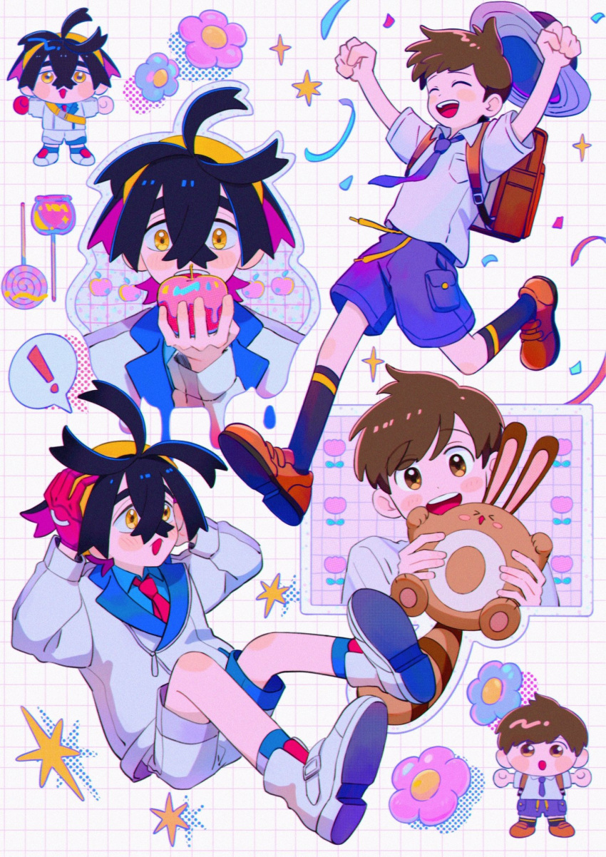 ! 2boys apple backpack bag black_hair blush brown_eyes brown_hair candy candy_apple chibi clenched_hands closed_eyes cm_wm confetti crossed_bangs florian_(pokemon) food fruit gloves hands_on_own_head hat highres holding holding_food holding_fruit holding_pokemon jacket kieran_(pokemon) lollipop male_focus multiple_boys multiple_views open_mouth orange_eyes pokemon pokemon_(creature) school_uniform sentret shirt shoes shorts single_glove socks spoken_exclamation_mark uva_academy_school_uniform yellow_eyes