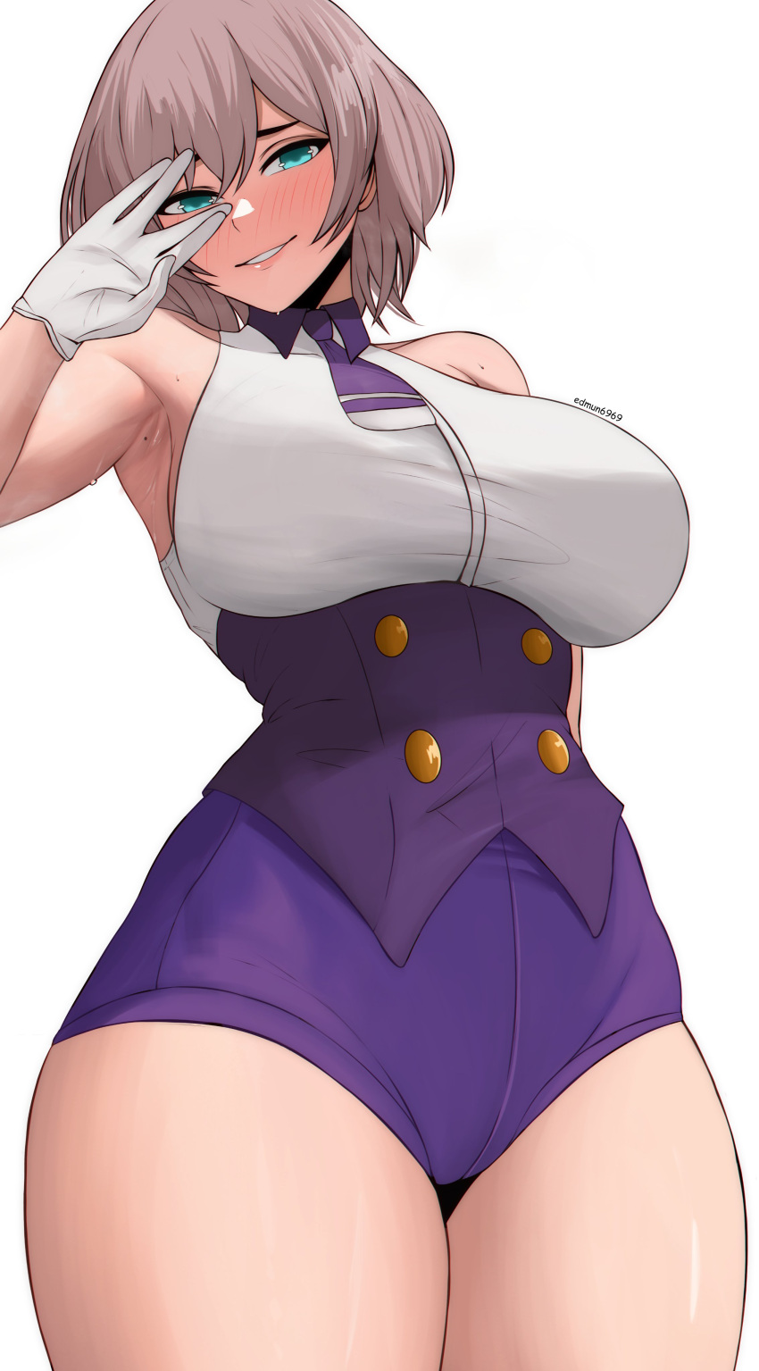 1girl \\// absurdres armpits artist_name bare_arms bare_legs bare_shoulders blue_eyes blush breasts buttons collared_shirt corset covered_collarbone cowboy_shot edmun6969 gloves grey_hair gridman_universe hair_between_eyes highres large_breasts legs_together looking_at_viewer medium_hair mole mole_on_armpit mujina necktie out_of_frame pants purple_corset purple_necktie purple_pants shiny_skin shirt short_necktie simple_background sleeveless sleeveless_shirt smile solo ssss.dynazenon standing sweat taut_clothes taut_shirt thick_thighs thighs underbust white_background white_gloves white_shirt wide_hips