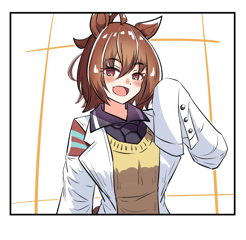 1girl agnes_tachyon_(umamusume) akkunz animal_ears black_shirt border breasts brown_hair collared_shirt commentary_request earrings hair_between_eyes hand_up highres horse_ears horse_girl horse_tail jewelry looking_at_viewer motion_lines necktie open_mouth shirt short_hair short_necktie simple_background single_earring sleeves_past_fingers sleeves_past_wrists small_breasts smile solo sweater tail umamusume upper_body white_border yellow_sweater