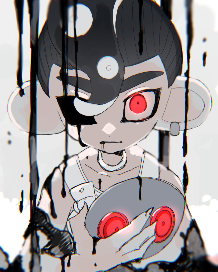 1boy agent_8_(splatoon) black_hair bodysuit closed_mouth commentary_request glowing highres jelleton looking_at_viewer male_focus mohawk octoling octoling_boy octoling_player_character parallel_canon red_eyes short_hair simple_background sleeveless sleeveless_bodysuit solo splash_kuro3 splatoon_(series) splatoon_3 splatoon_3:_side_order tentacle_hair thick_eyebrows white_background white_bodysuit