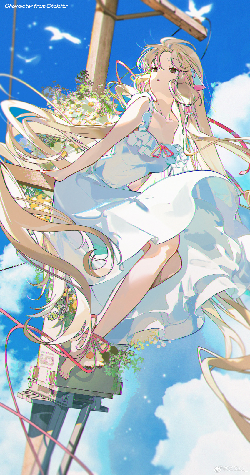 1girl absurdres arm_support bare_arms barefoot bird blonde_hair blue_sky breasts brown_eyes chii chinese_commentary chobits collarbone commentary_request copyright_name day dress feet floating_clothes floating_hair flower full_body hair_between_eyes hair_tubes highres leaning_forward leg_ribbon long_dress long_hair long_ribbon looking_up outdoors parted_lips red_ribbon ribbon robot_ears sidelocks sitting sky small_breasts solo sundress toes twitter_username utility_pole very_long_hair white_bird white_dress white_flower wind yellow_flower z3zz4