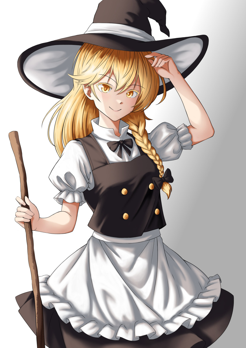 1girl absurdres black_hat blonde_hair braid closed_mouth commentary english_commentary gradient_background highres kirisame_marisa long_hair looking_at_viewer short_sleeves side_braid single_braid smacphadraig smile solo touhou upper_body white_background yellow_eyes