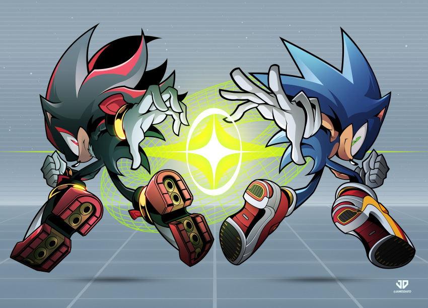 2boys absurdres black_hair commentary english_commentary full_body furry gloves glowing green_eyes grey_background hedgehog_boy highres james_diato looking_at_viewer male_focus multiple_boys no_humans red_eyes shadow_the_hedgehog shoes simple_background smile sonic_(series) sonic_the_hedgehog spiky_hair standing