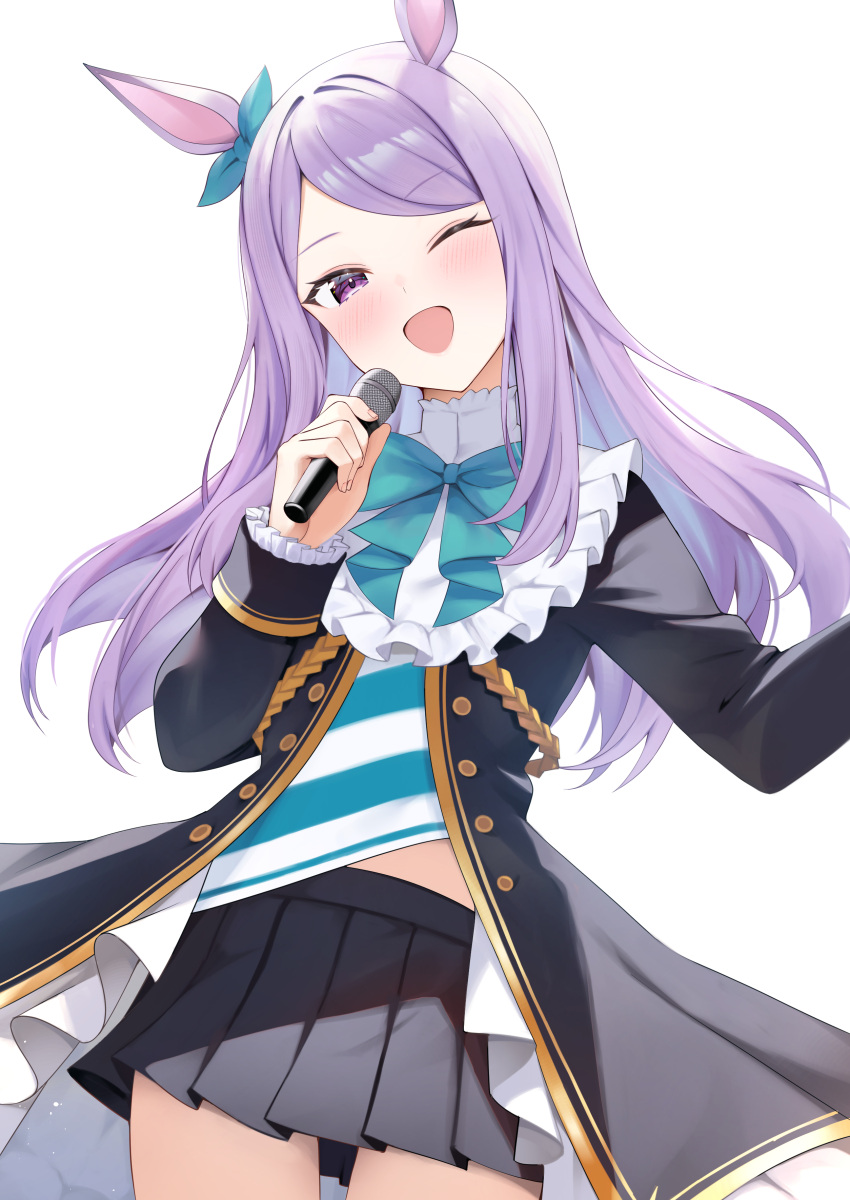 1girl ;d absurdres animal_ears aqua_bow aqua_bowtie black_skirt blush bow bowtie ear_bow highres holding holding_microphone horse_ears horse_girl horse_tail long_hair long_sleeves looking_at_viewer mejiro_mcqueen_(umamusume) microphone one_eye_closed open_mouth pleated_skirt purple_hair rei_(ilust9999) skirt smile tail umamusume violet_eyes