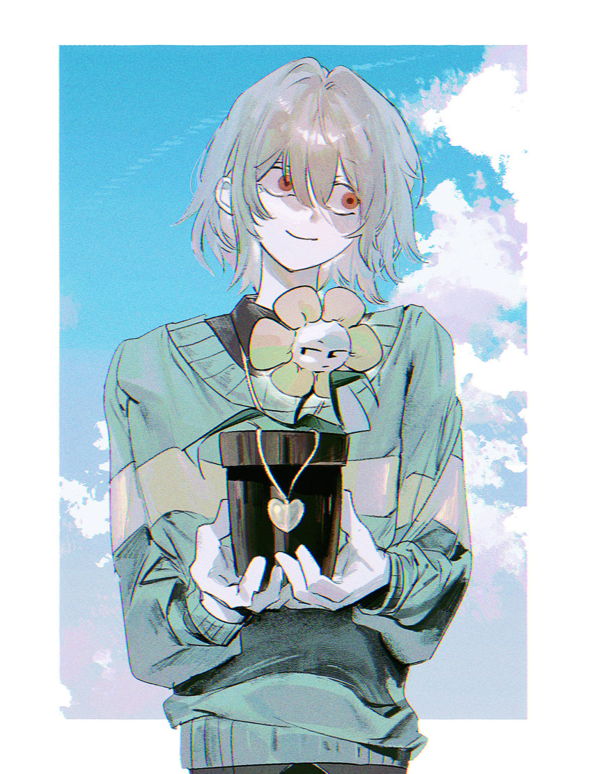 1other absurdres androgynous blackmaro1 blue_sky border brown_hair chara_(undertale) clouds cowboy_shot day flower flowey_(undertale) green_sweater heart_pendant highres holding holding_flower long_sleeves looking_to_the_side other_focus outdoors outside_border red_eyes sanpaku short_hair sky smile standing sweater undertale white_border yellow_flower