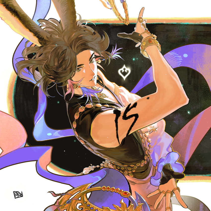 1boy animal_ears artist_request black_shirt brown_eyes brown_hair dancer_(final_fantasy) dancing earrings final_fantasy final_fantasy_xiv from_side hagoromo highres jewelry looking_at_viewer looking_to_the_side male_focus multiple_rings rabbit_ears ring shawl shirt short_hair solo viera warrior_of_light_(ff14)