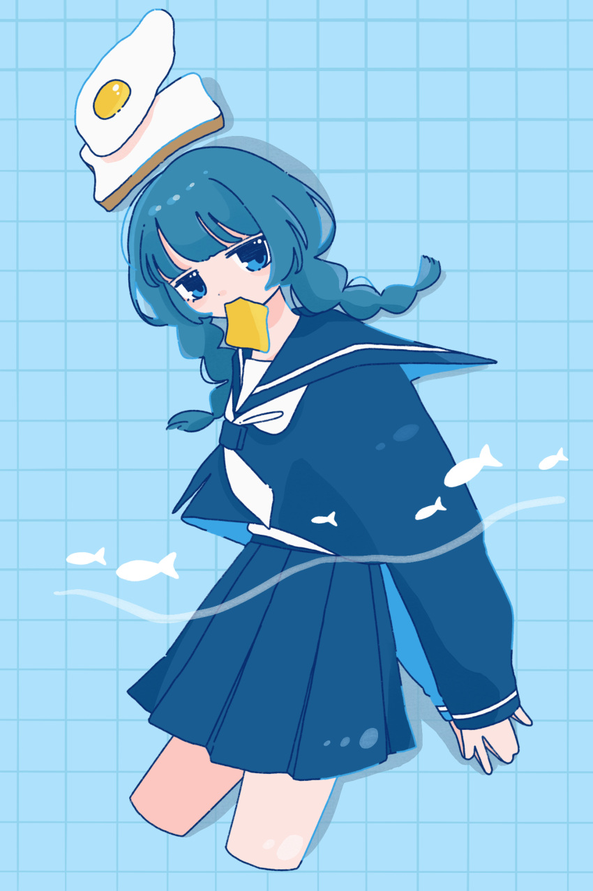 1girl arms_behind_back blue_background blue_eyes blue_hair blue_sailor_collar blue_serafuku blue_shirt blue_skirt blunt_bangs braid bread bread_slice commentary cropped_legs dot_nose drop_shadow fish floating_hair food fried_egg from_side grid_background highres legs_apart long_hair long_sleeves looking_at_viewer low_twin_braids miniskirt mouth_hold neckerchief original own_hands_together pleated_skirt sailor_collar school_uniform serafuku shirt sidelocks simple_background skirt sliced_cheese solo sskitaco symbol-only_commentary toast twin_braids white_neckerchief