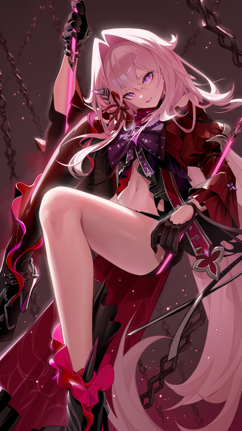 1girl absurdres arm_up bare_legs bare_shoulders belly black_choker black_gloves black_shorts bright_pupils chain chibi0108 choker cross gloves hair_ornament highres holding holding_string holding_weapon honkai_(series) honkai_impact_3rd jacket knee_up light_particles long_hair long_sleeves looking_at_viewer navel red_jacket red_ribbon ribbon ribbon_hair_ornament shorts simple_background smile solo solo_focus string thelema_(honkai_impact) tongue tongue_out very_long_hair violet_eyes weapon white_hair white_pupils
