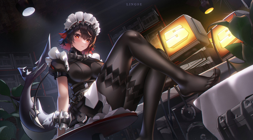 1girl artist_name black_hair black_pantyhose blush breasts chair ellen_joe fins fish_tail frilled_wrist_cuffs frills hair_between_eyes highres knee_up large_breasts ling_dianxia looking_at_viewer maid maid_headdress multicolored_hair nail_polish pantyhose red_eyes red_nails redhead shark_tail short_hair sitting solo table tablecloth tail toenail_polish toenails toes two-tone_hair unconventional_maid wrist_cuffs zenless_zone_zero