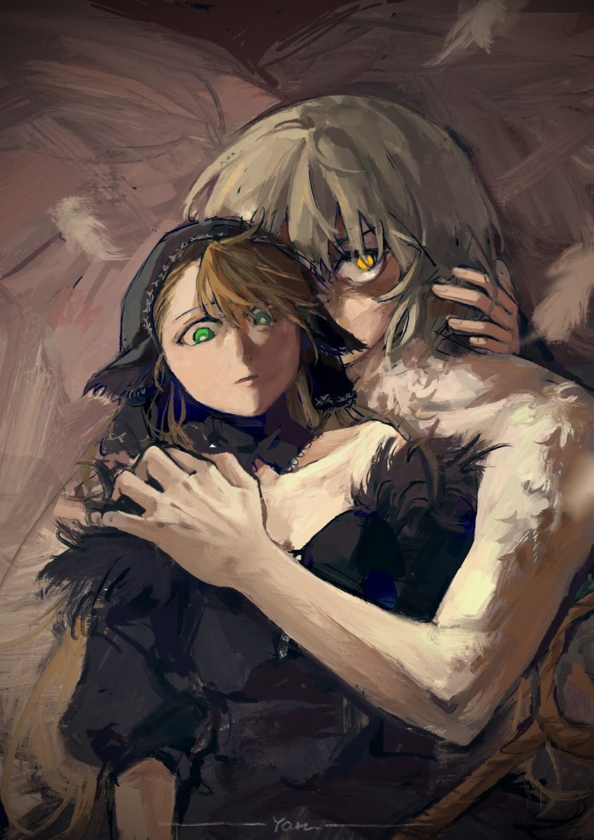 2girls black_dress blonde_hair bright_pupils chinese_commentary commentary_request dress dungeon_meshi ear_covers elf falin_touden falin_touden_(chimera) feathers green_eyes grey_hair hand_on_another's_neck hand_on_another's_shoulder headdress highres long_hair looking_at_viewer marcille_donato multiple_girls off-shoulder_dress off_shoulder parted_lips pointy_ears short_hair size_difference upper_body white_pupils yanlingjinshilihuahua yellow_eyes