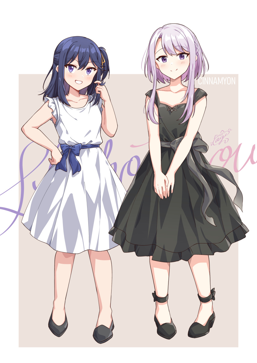 2girls absurdres aged_down amasawa_kyou artist_name bare_arms black_dress black_footwear blue_hair blush brown_background character_name cinnamyon closed_mouth commentary dress english_commentary grin highres izumi_shiho long_hair multiple_girls one_side_up open_mouth purple_hair sasayaku_you_ni_koi_wo_utau sleeveless sleeveless_dress smile two-tone_background violet_eyes white_background white_dress