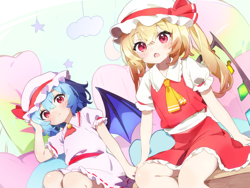 2girls :o against_wall alternate_hair_length alternate_hairstyle ascot bat_wings blonde_hair blue_hair bow brooch chikuzen1996 clouds collared_shirt crescent crossed_bangs crystal dot_nose flandre_scarlet frilled_shirt_collar frilled_skirt frilled_sleeves frills gradient_hair hair_between_eyes hand_on_own_head hat hat_bow hat_ribbon highres holding_hands indoors jewelry light_blush long_hair medium_hair mob_cap multicolored_hair multiple_girls pink_eyes pink_shirt pink_skirt puffy_short_sleeves puffy_sleeves red_ascot red_bow red_ribbon red_skirt red_vest remilia_scarlet ribbon shirt short_sleeves sidelocks sitting skirt skirt_set smile star_(symbol) touhou twintails vest wings yellow_ascot