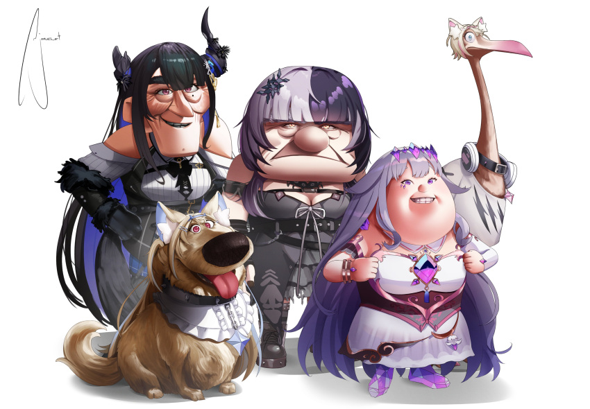 3boys :d absurdres artist_name bare_shoulders bird black_dress black_gloves black_hair blue_eyes blue_hair blunt_bangs boots bow carl_fredricksen charles_muntz closed_mouth colored_inner_hair commentary cosplay dog dress dug_(up) fangs full_body fur_trim fuwawa_abyssgard fuwawa_abyssgard_(cosplay) gloves gradient_hair hair_between_eyes hair_ornament highres hololive hololive_english horns jamwes jewelry kevin_(up) koseki_bijou koseki_bijou_(cosplay) long_hair manboobs mococo_abyssgard mococo_abyssgard_(cosplay) mole multicolored_hair multiple_boys nerissa_ravencroft nerissa_ravencroft_(cosplay) old old_man open_mouth purple_hair ribbon russell_(up) shiori_novella shiori_novella_(cosplay) sidelocks signature simple_background smile standing tail teeth tongue tongue_out two-tone_hair up_(disney) very_long_hair violet_eyes virtual_youtuber white_background white_dress wrinkled_skin yellow_eyes