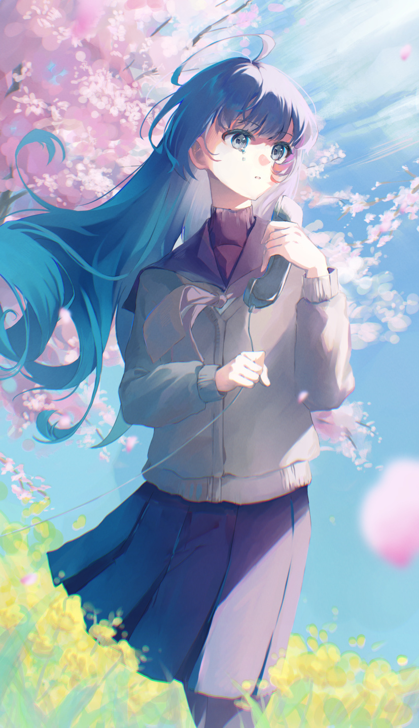 1girl absurdres ahoge black_pantyhose black_skirt blue_eyes blue_hair blue_sailor_collar blue_skirt blue_sky cardigan cherry_blossoms closed_mouth day floating_hair flower highres holding long_hair long_sleeves maguri_rei neck_ribbon original outdoors pantyhose parted_lips petals pleated_skirt ribbon sailor_collar school_uniform serafuku skirt sky solo standing sweater wind