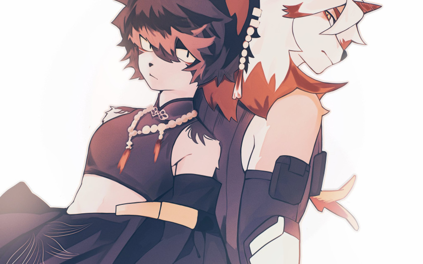 2boys aak_(arknights) aak_(healing_hand_evil_heart)_(arknights) arknights axianorange black_shirt chinese_commentary closed_mouth colored_tips commentary crop_top furry furry_male highres horns hung_(arknights) komainu_boy komainu_ears looking_at_viewer looking_back male_focus multicolored_hair multiple_boys profile shirt single_horn sleeveless sleeveless_shirt white_background