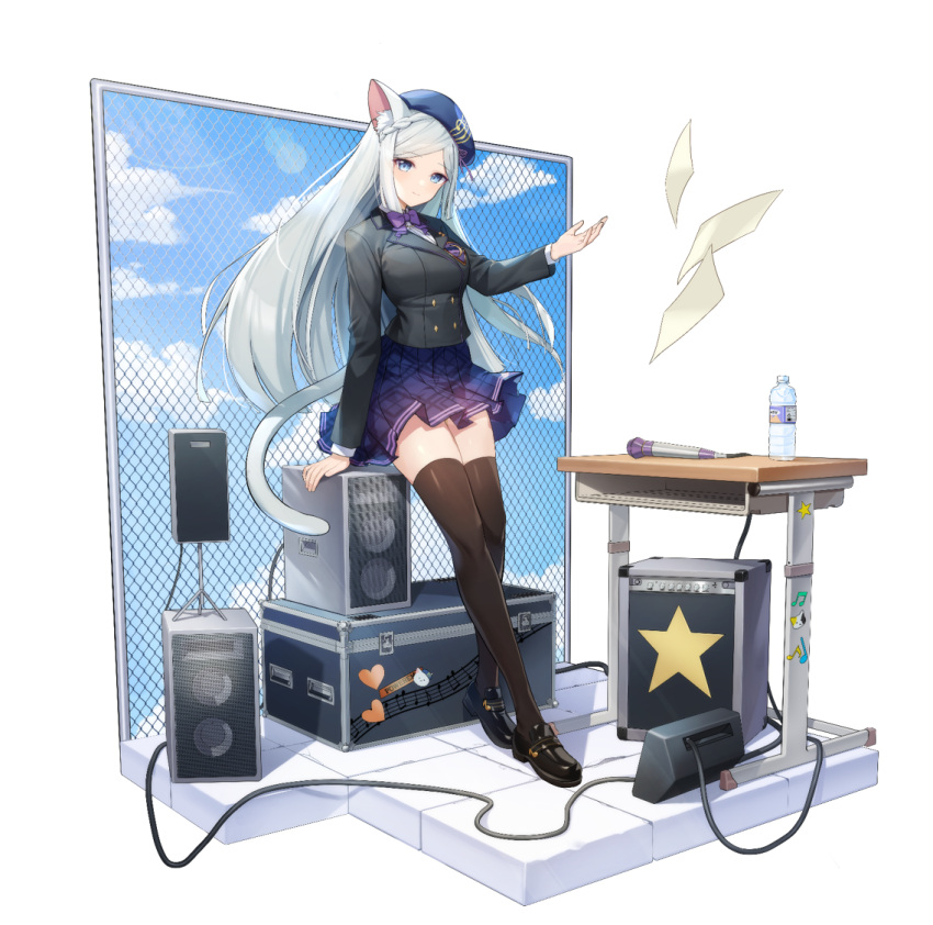 1girl animal_ears beret black_footwear black_jacket black_thighhighs blue_eyes blue_skirt bottle bow bowtie breasts cat_ears cat_girl cat_tail desk eversoul full_body game_cg hat heart jacket long_hair looking_at_viewer medium_breasts microphone musical_note official_alternate_costume official_art purple_bow purple_bowtie school_desk school_uniform seeha_(eversoul) shirt skirt sky solo speaker standing star_(symbol) tachi-e tail thigh-highs transparent_background water_bottle white_hair white_shirt wing_collar zettai_ryouiki