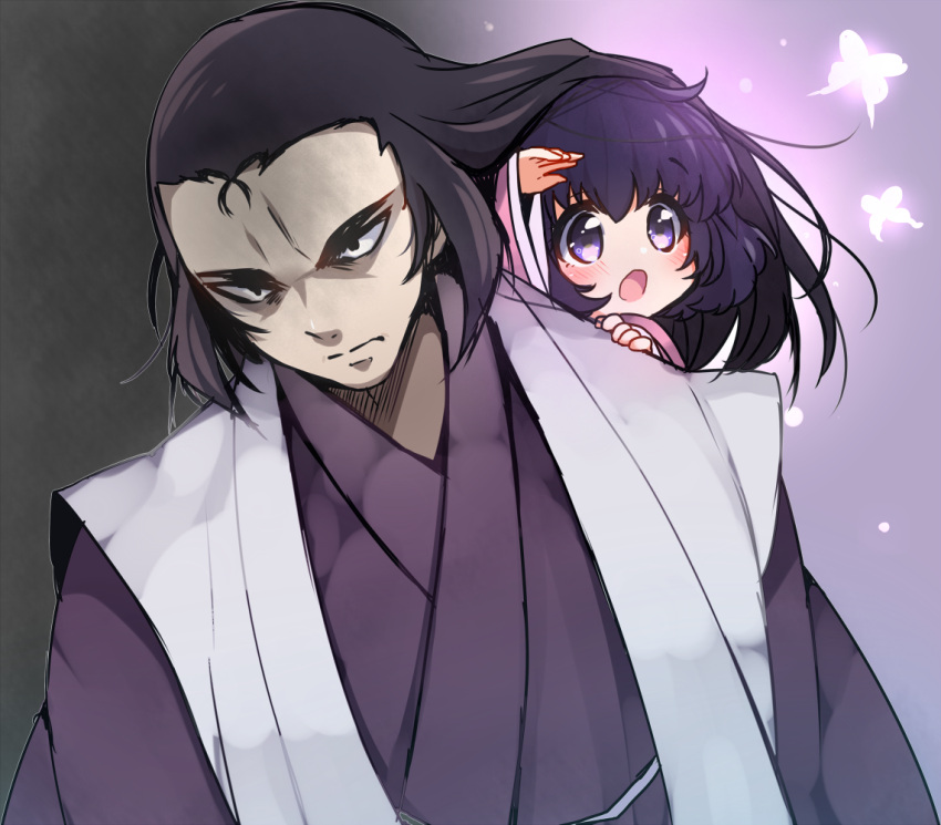 1boy 1girl basilisk_(manga) black_eyes black_hair bug butterfly carrying child closed_mouth commentary_request expressionless forehead furrowed_brow glowing grey_background hair_flowing_over hand_on_own_head iga_oboro jacket japanese_clothes kimono light_blush light_particles long_hair long_sleeves looking_ahead looking_to_the_side one-hour_drawing_challenge open_clothes open_jacket open_mouth pale_skin piggyback pink_kimono pink_sleeves purple_background purple_hair purple_kimono purple_sleeves short_hair simple_background sleeveless sleeveless_jacket sleeves_past_wrists thick_eyebrows two-tone_background upper_body usamata violet_eyes white_jacket wide_sleeves yakushiji_tenzen