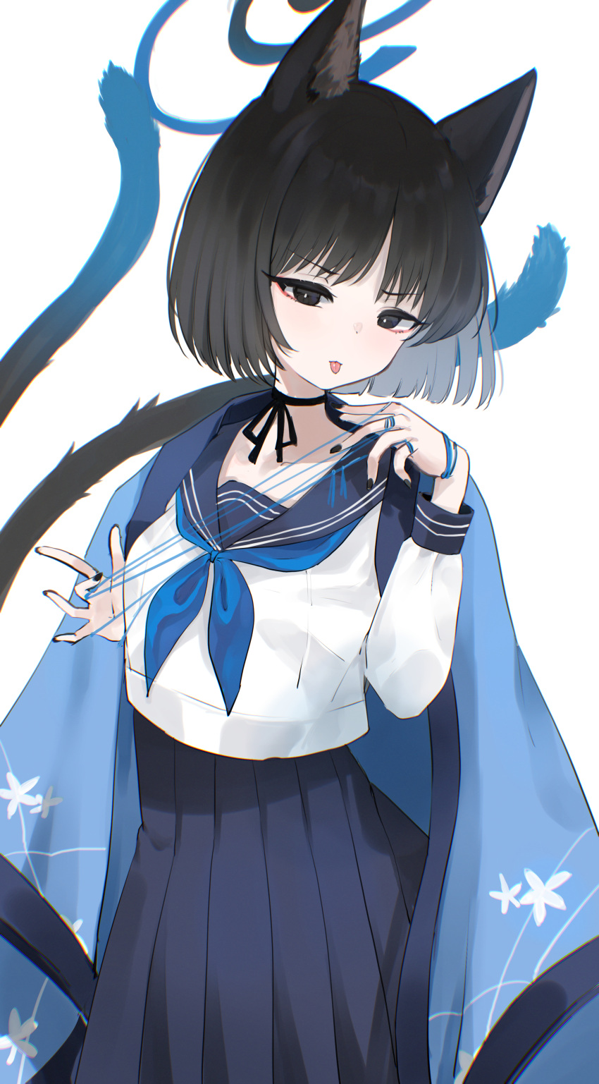 1girl absurdres akahaneko animal_ears black_eyes black_hair black_nails black_sailor_collar blue_archive blue_halo blue_neckerchief blush cat's_cradle cat_ears cat_tail fingernails halo haori highres japanese_clothes kikyou_(blue_archive) long_sleeves looking_at_viewer multiple_tails nail_polish neckerchief sailor_collar school_uniform serafuku short_hair simple_background solo tail tongue tongue_out two_tails white_background