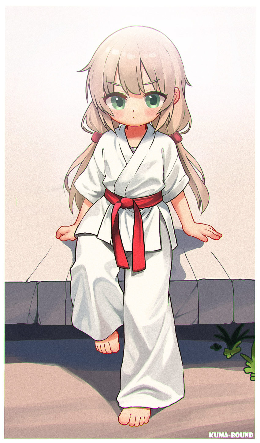 1girl barefoot belt chinese_commentary closed_mouth commentary_request dougi full_body green_eyes grey_hair highres kuma-bound long_hair looking_at_viewer martial_arts_belt original pants red_belt sitting solo toes white_pants