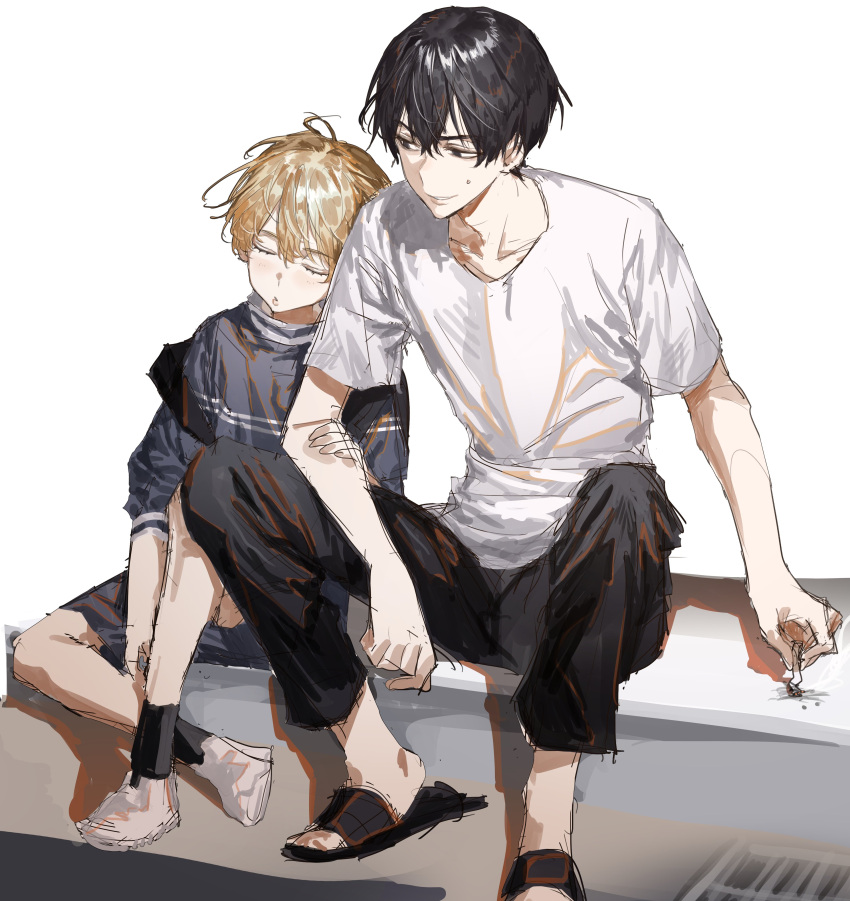 2boys absurdres black_hair black_pants black_socks blonde_hair brothers chamuring closed_eyes head_rest highres leaning_to_the_side looking_at_another looking_to_the_side male_focus multiple_boys pants sano_manjirou sano_shinichirou shirt short_sleeves shorts shota siblings sitting sitting_on_stairs sleeping slippers socks stairs teeth tobacco tokyo_revengers upper_teeth_only white_shirt