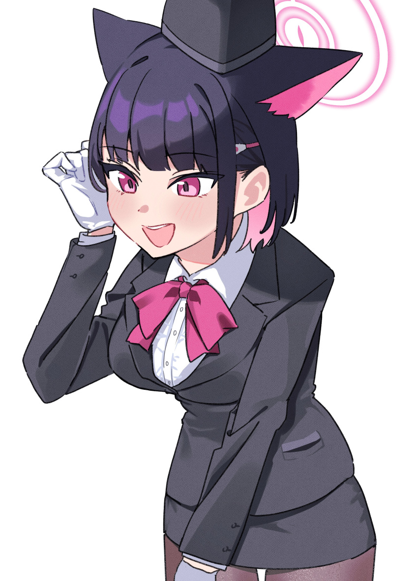 1girl 51likes absurdres animal_ears black_hair black_hat black_pantyhose black_skirt blue_archive blush bow bowtie breasts buttons cat_ears collared_shirt colored_inner_hair cowboy_shot extra_ears gloves hair_ornament hairclip halo hat highres kazusa_(blue_archive) large_breasts long_sleeves multicolored_hair open_mouth pantyhose pink_hair pink_halo red_bow red_bowtie red_eyes shirt short_hair simple_background skirt smile solo tour_guide white_background white_gloves white_shirt