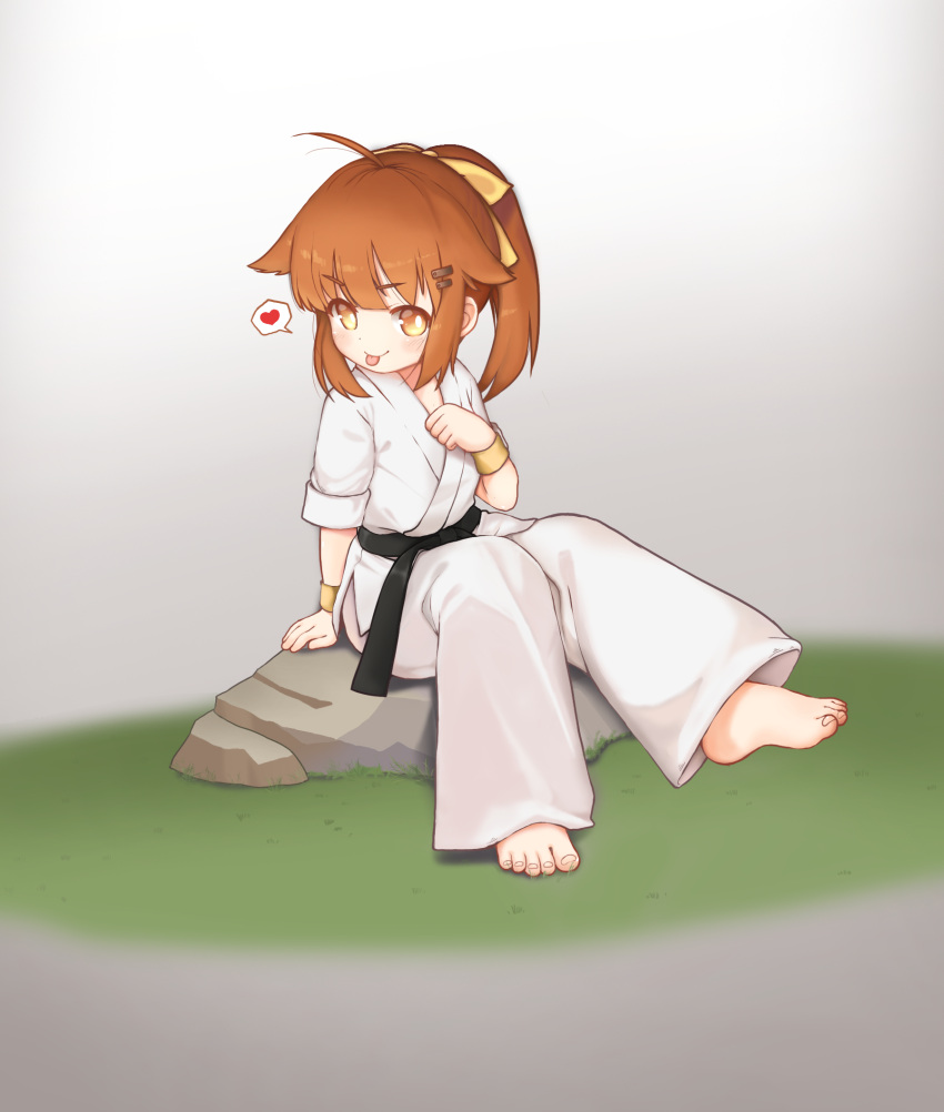 1girl :p ahoge barefoot belt black_belt bright_pupils brown_hair chinese_commentary commentary_request dougi feet full_body grass grey_background heart highres kuma-bound martial_arts_belt medium_hair original pants rock sitting sitting_on_rock solo spoken_heart toes tongue tongue_out white_pants white_pupils yellow_eyes