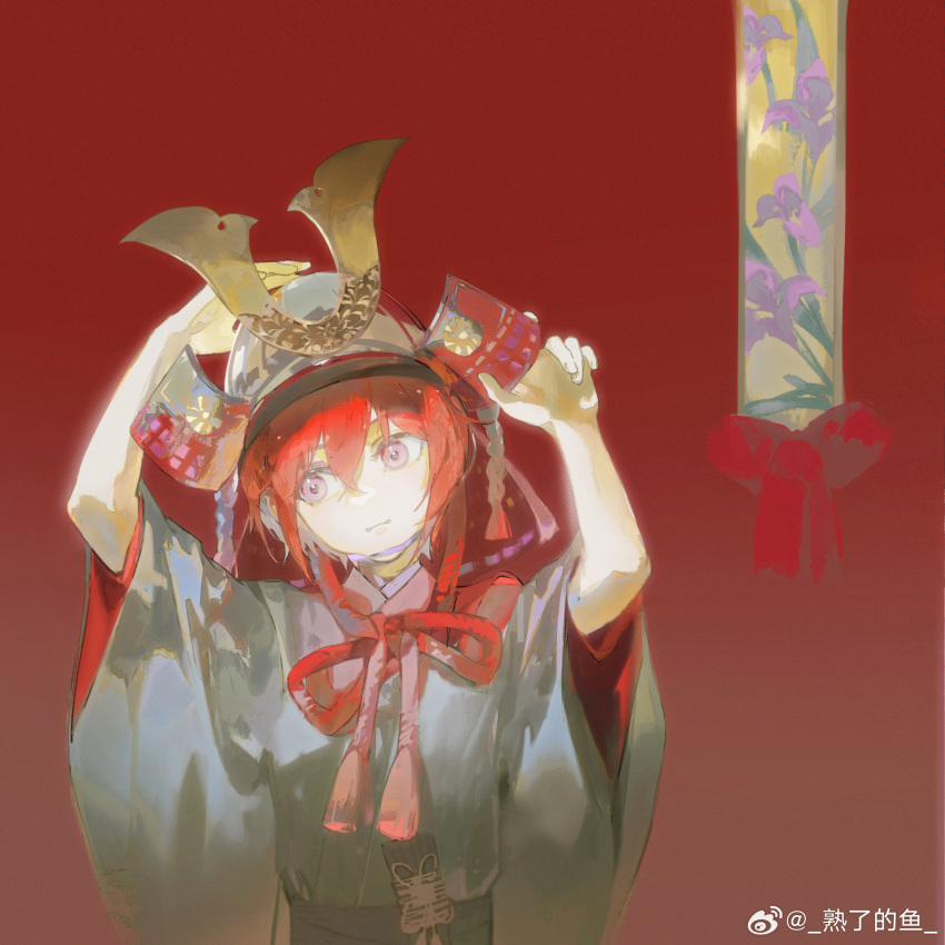 1girl absurdres armor arms_up bare_arms bow chinese_commentary closed_mouth flower gradient_background grey_kimono helmet highres japanese_armor japanese_clothes kabuto_(helmet) kimono looking_to_the_side original pink_eyes purple_flower red_background red_bow red_rope red_theme redhead rope sash shule_de_yu solo weibo_logo weibo_username wide_sleeves