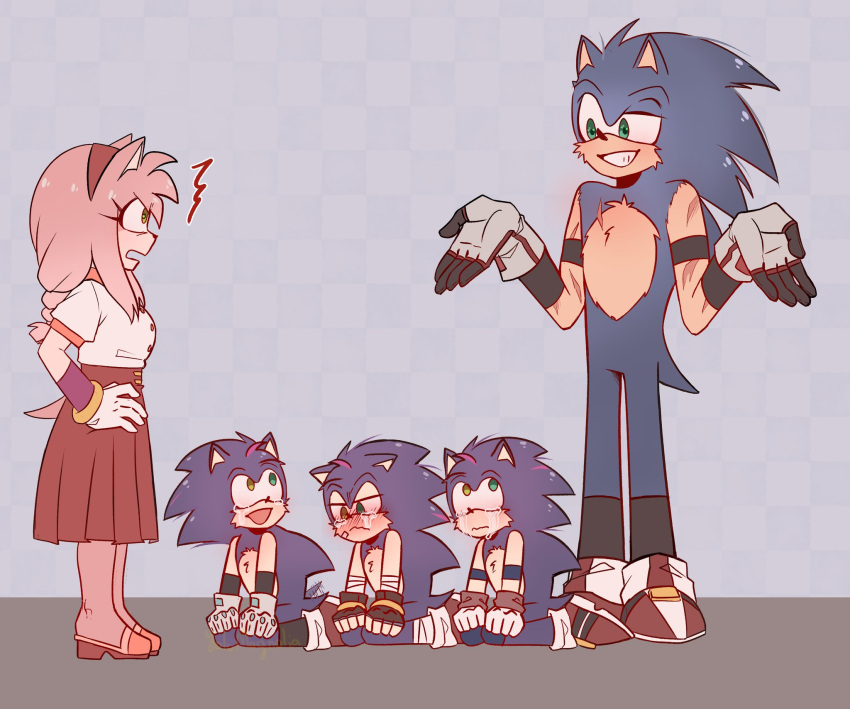 1girl 4boys aged_up amy_rose animal_ears blue_hair blush body_fur breasts child father_and_son full_body furry furry_female gloves green_eyes heterochromia highres long_hair male_focus mother_and_son multiple_boys open_mouth pink_hair simple_background smile sonic_(series) sonic_the_hedgehog spiky_hair standing tail tail_wagging tears teeth white_gloves yolomagnolia
