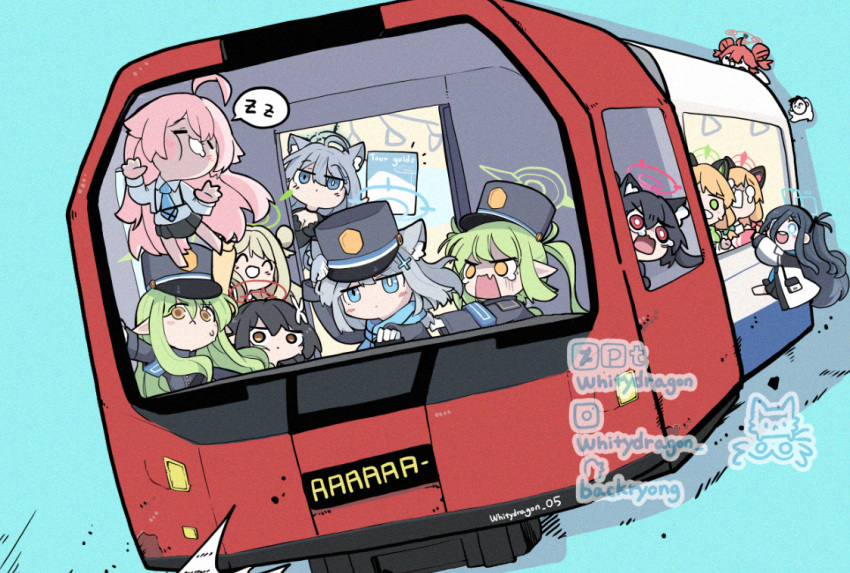 1other 6+girls ^_^ aqua_scarf aris_(blue_archive) artist_name ayane_(blue_archive) black_hair blonde_hair blue_archive chibi closed_eyes commentary_request doodle_sensei_(blue_archive) driving fang foreclosure_task_force_(blue_archive) from_outside green_hair grey_hair halo hand_grip hanging hat highlander_sidelocks_conductor_(blue_archive) highlander_twintails_conductor_(blue_archive) hoshino_(blue_archive) instagram_username london_underground maki_(blue_archive) midori_(blue_archive) momoi_(blue_archive) multiple_girls nonomi_(blue_archive) peaked_cap pixiv_username scarf sensei_(blue_archive) serika_(blue_archive) shiroko_(blue_archive) shiroko_terror_(blue_archive) siblings sisters skin_fang sleeping spoken_zzz sweatdrop tears train turn_pale twins twitter_username whitydragon zzz