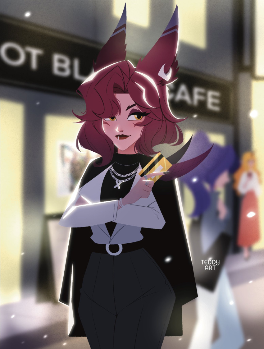 animal_ears artist_name belt bird_girl black_coat business_casual coat credit_card dress_pants english_text eyeshadow facial_mark feathers highres holding holding_feather jewelry k/da_(league_of_legends) league_of_legends lip_piercing long_hair makeup necklace piercing red_eyeshadow redhead silver_chain teddy_teddd xayah yellow_eyes