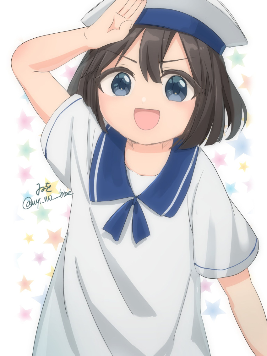 1girl black_hair blue_eyes blue_sailor_collar bob_cut daitou_(kancolle) dress hat highres kantai_collection one-hour_drawing_challenge sailor_collar sailor_dress sailor_hat short_hair short_sleeves smile solo white_background white_dress white_hat wiwo