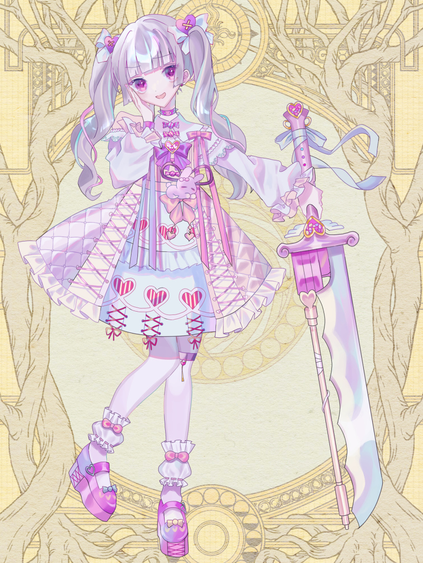 1girl :d ankle_garter bare_shoulders blue_bow blue_hair blue_nails blunt_bangs bow bowtie brooch candy clothing_cutout collar collared_dress cross-laced_clothes curly_hair dairoku_ryouhei dress earrings empire_waist food food-themed_clothes food-themed_earrings footwear_bow frilled_dress frilled_sleeves frills full_body greatsword grey_hair hair_bow hair_ornament hand_on_own_cheek hand_on_own_face heart heart_brooch heart_hair_ornament heart_print highres holding holding_sword holding_weapon jewelry knees_together_feet_apart long_hair long_sleeves mary_janes multicolored_nails orange_nails otogawa_(tw) pantyhose pink_bow pink_dress pink_footwear pink_hair planted planted_sword platform_footwear puffy_long_sleeves puffy_sleeves purple_bow purple_bowtie rabbit_ornament shoes shoulder_cutout smile solo spiked_collar spikes standing strawberry_earrings sword thigh_strap tochigi_saline twintails two-tone_dress violet_eyes weapon white_dress white_pantyhose wrapped_candy yellow_background yume_kawaii