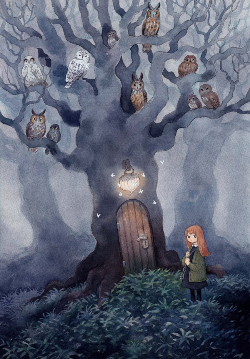 1girl acorn bird black_dress black_eyes black_leggings brown_feathers brown_hair bug collar collared_dress door dress feathers fog forest green_sweater heikala highres holding holding_jewelry holding_necklace jewelry key lantern leggings moth nature necklace original outdoors owl painting_(medium) snowy_owl sweater traditional_media tree watercolor_(medium) white_collar white_feathers wooden_door