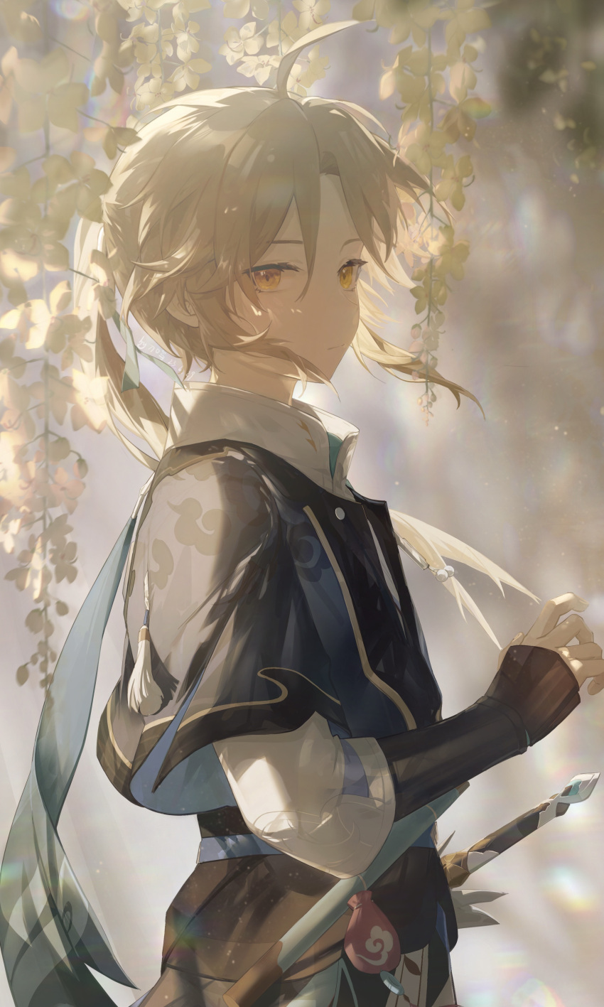 1boy absurdres ahoge black_jacket blonde_hair blurry blurry_background bracer chinese_commentary commentary_request cowboy_shot daokouniao expressionless floating_hair from_side highres honkai:_star_rail honkai_(series) jacket leaf long_hair looking_at_viewer male_focus outdoors ponytail procreate_(medium) shirt solo standing sunlight sword tassel weapon white_shirt wind yanqing_(honkai:_star_rail) yellow_eyes