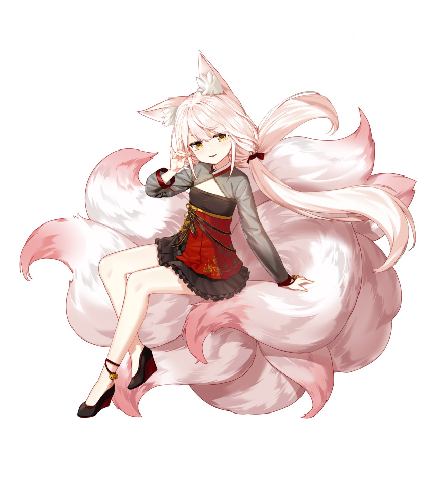 1girl alternate_hair_color animal_ear_fluff animal_ears ankle_bell arm_support black_dress black_footwear black_sleeves bow cleavage_cutout closers clothing_cutout dress evil_smile fangs flat_chest fox_ears fox_girl fox_shadow_puppet fox_tail full_body hair_bow half-closed_eyes hand_up high_heels highres kitsune kyuubi layered_dress long_hair long_sleeves looking_at_viewer low_twintails lucy_(closers) multiple_tails official_art parted_lips pink_tail red_bow red_dress see-through see-through_sleeves sitting sitting_on_tail smile solo tachi-e tail twintails two-tone_dress wedge_heels white_background white_hair yellow_eyes