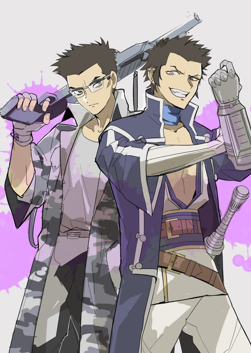 2boys bad_id bad_pixiv_id belt brown_hair camouflage camouflage_coat coat ear_piercing fingerless_gloves gauntlets glasses gloves grey_eyes gun hand_on_own_arm highres holding holding_gun holding_weapon kusakarimishio looking_at_viewer male_focus multiple_boys piercing scarf sheath sheathed shin_megami_tensei shin_megami_tensei_i shin_megami_tensei_iv short_hair sketch takeshi_(megami_tensei) violet_eyes walter_(megami_tensei) weapon