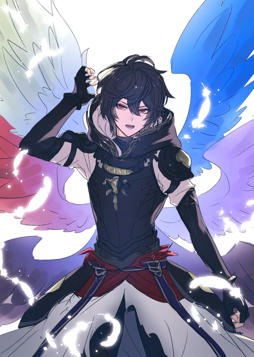 1boy ahoge arm_up armor belt blue_belt blue_wings bracelet breastplate brown_hair brown_wings cape commentary_request cowboy_shot falling_feathers feathers fingerless_gloves gloves granblue_fantasy hair_between_eyes highres hood hood_down jewelry looking_to_the_side makita_(homosapiensu) male_focus messy_hair multiple_wings parted_lips purple_wings red_eyes red_wings sandalphon_(granblue_fantasy) short_hair shoulder_armor solo turtleneck white_background white_cape white_feathers white_wings wings