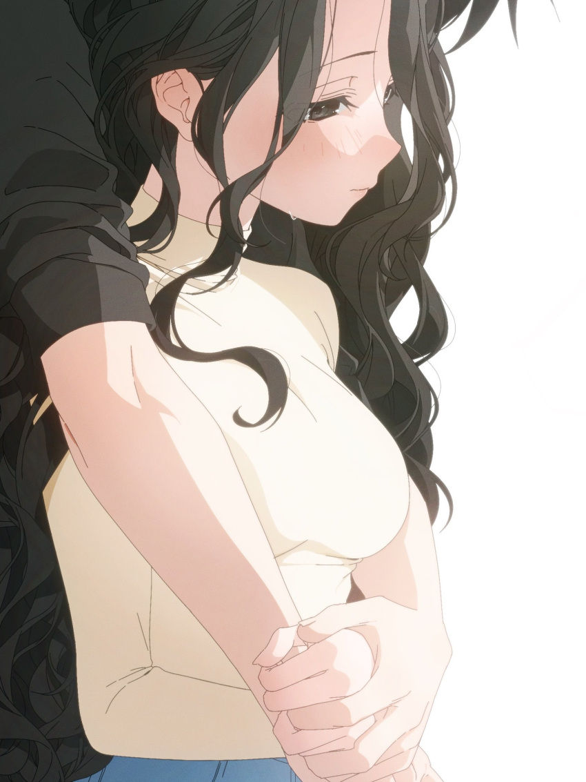 1boy 1girl black_eyes black_hair black_sweater blush breasts couple crying crying_with_eyes_open expressionless head_out_of_frame hetero highres hug hug_from_behind long_hair medium_breasts original profile shirt simple_background solo_focus sweater tears upper_body usurai_rairai wavy_hair white_background
