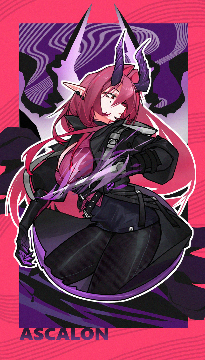 1girl absurdres arknights arm_blade ascalon_(arknights) belt breasts closed_mouth demon_girl demon_horns demon_tail ear_piercing english_text feet_out_of_frame gloves hair_between_eyes hair_intakes highres hood hood_down horns large_breasts leggings long_coat long_hair looking_to_the_side multiple_belts piercing pointy_ears purple_horns qiushannan shirt solo tail weapon white_hood