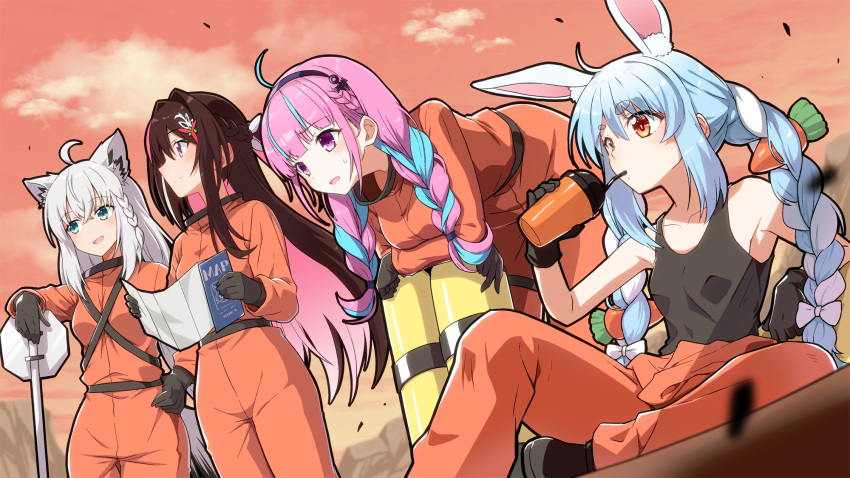 4girls ahoge anchor_hair_ornament animal_ears azki_(hololive) bare_shoulders black_gloves black_tank_top blue_archive blue_eyes blue_hair blue_hairband blunt_bangs blush braid breasts brown_hair carrot_hair_ornament closed_mouth collared_shirt colored_inner_hair commentary_request crossed_bangs double-parted_bangs drinking drinking_straw dutch_angle fanged_bangs feet_out_of_frame food-themed_hair_ornament fox_ears fox_girl french_braid from_behind gloves grey_hair hair_between_eyes hair_ornament hairband hairclip half_updo hand_on_own_hip hazmat_suit highres holding holding_map hololive jumpsuit jumpsuit_around_waist knee_up leaning_forward leaning_on_object lethal_company light_blush long_hair long_skirt looking_afar looking_ahead low_ponytail map medium_breasts minato_aqua multicolored_hair multiple_girls official_alternate_hair_length official_alternate_hairstyle open_jumpsuit open_mouth orange_eyes orange_jumpsuit outdoors oxygen_tank parted_hair pink_hair purple_hair rabbit_ears road_sign shirakami_fubuki shirt short_ponytail sidelocks sideways_glance sign sitting skirt sky small_breasts smile stop_sign sunset sweat tank_top thick_eyebrows twin_braids twintails two-tone_hair usada_pekora violet_eyes virtual_youtuber white_hair yuto_(dialique)