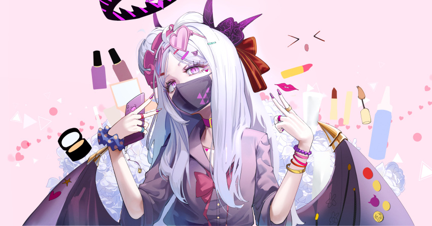 1girl absurdres black_horns black_mask black_shirt black_wings blue_archive buttons cellphone cowboy_shot demon_horns demon_wings fingernails halo heart heart-shaped_eyewear highres hina_(blue_archive) holding holding_phone horns lipstick long_hair makeup mask mouth_mask nail_polish phone pink_eyes pink_nails shirt smartphone solo upper_body user_gxxw2385 white_hair wings