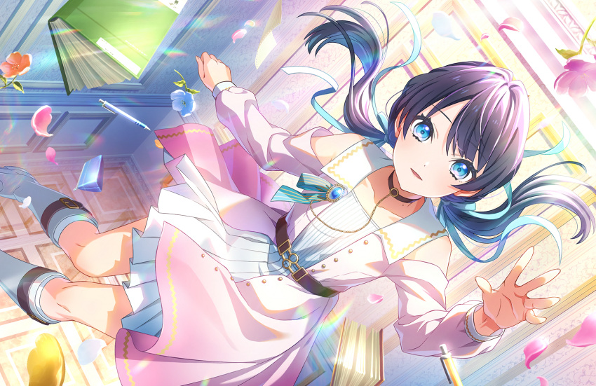1girl ankle_boots aqua_ribbon black_choker blue_eyes blue_flower blue_hair blue_ribbon book boots breasts choker clothing_cutout coat collarbone dark_blue_hair dream_believers_(love_live!) dress dutch_angle flower foot_out_of_frame game_cg hair_ribbon highres link!_like!_love_live! long_hair long_sleeves looking_at_viewer love_live! low_twintails mole mole_on_neck murano_sayaka official_art orange_flower parted_lips pen pencil_case pinafore_dress pink_coat pink_flower pleated_dress ribbon shoulder_cutout sleeveless sleeveless_dress small_breasts solo third-party_source twintails white_dress white_footwear